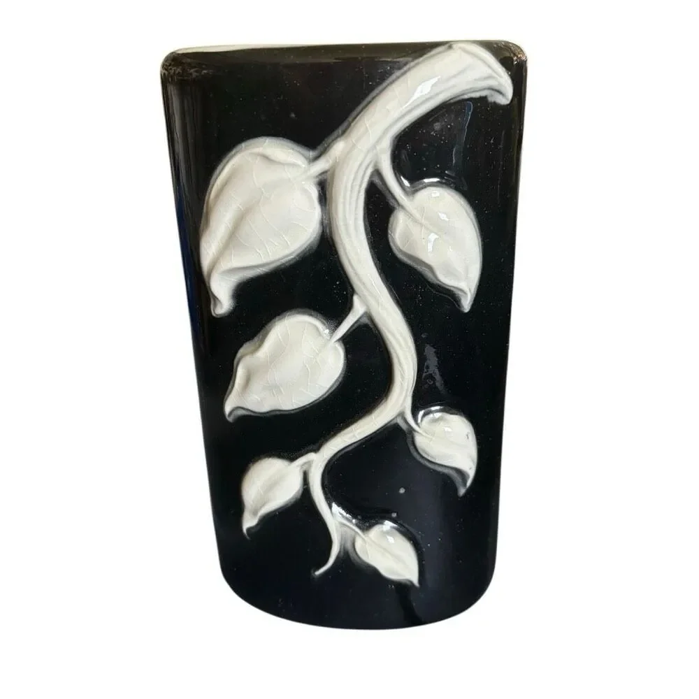 2 Royal Copley Black & White Draping Leaves MCM Vases